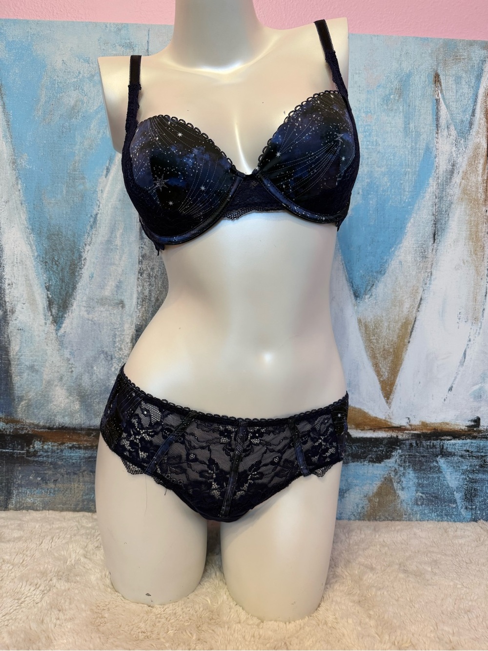 Adore Me Navy Celestial Lace Underwire Bra & Lace Briefs Set